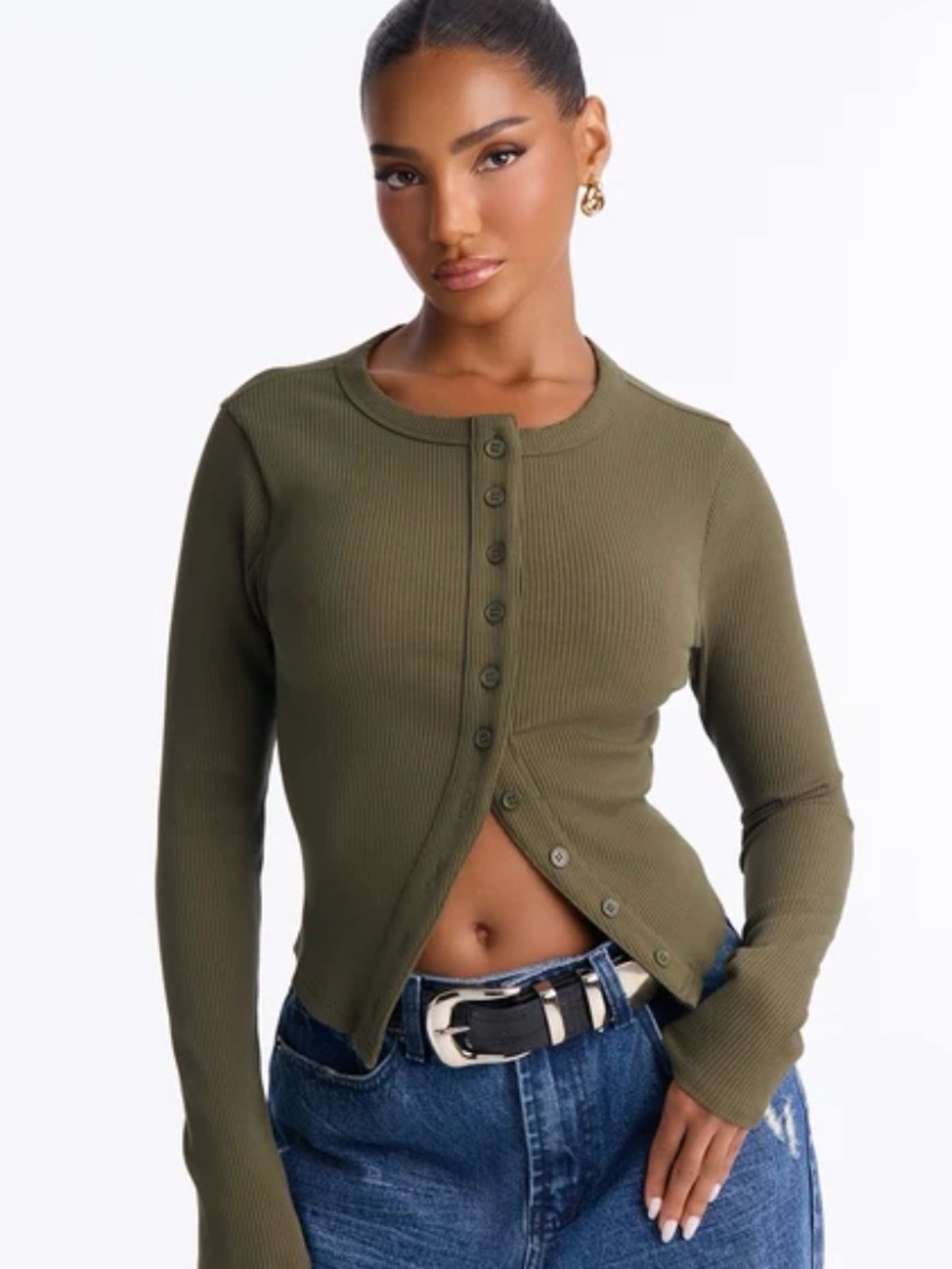 Fashion Nova Olive Ribbed Button-Front Long Sleeve Cardigan